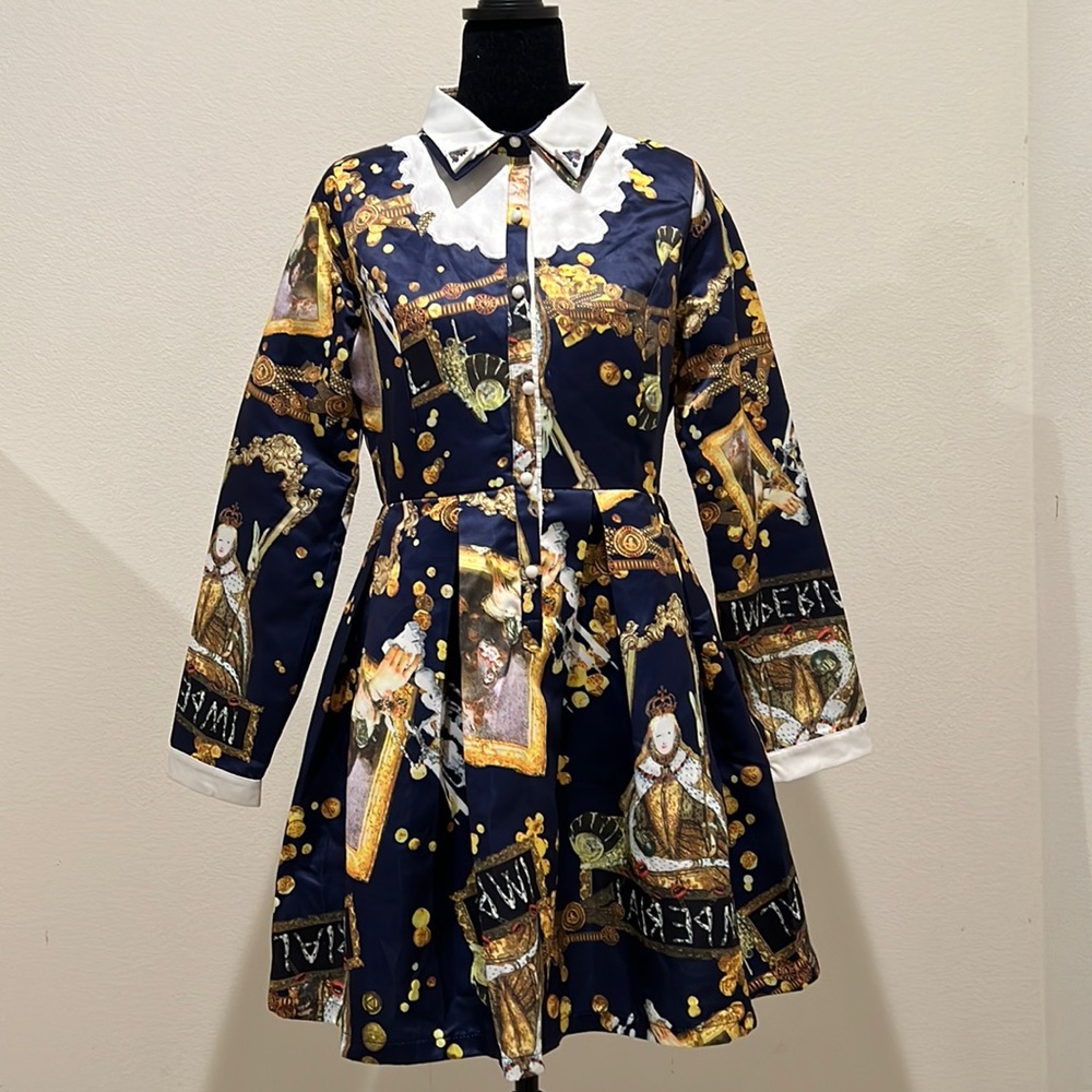 Elf Sack collared pleated snail print multicolor long sleeve Dress Size L
